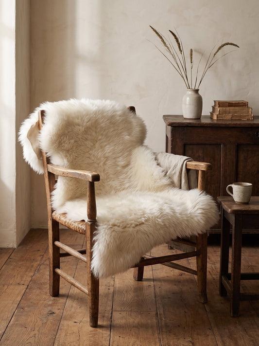 White sheepskin over a wooden armchair